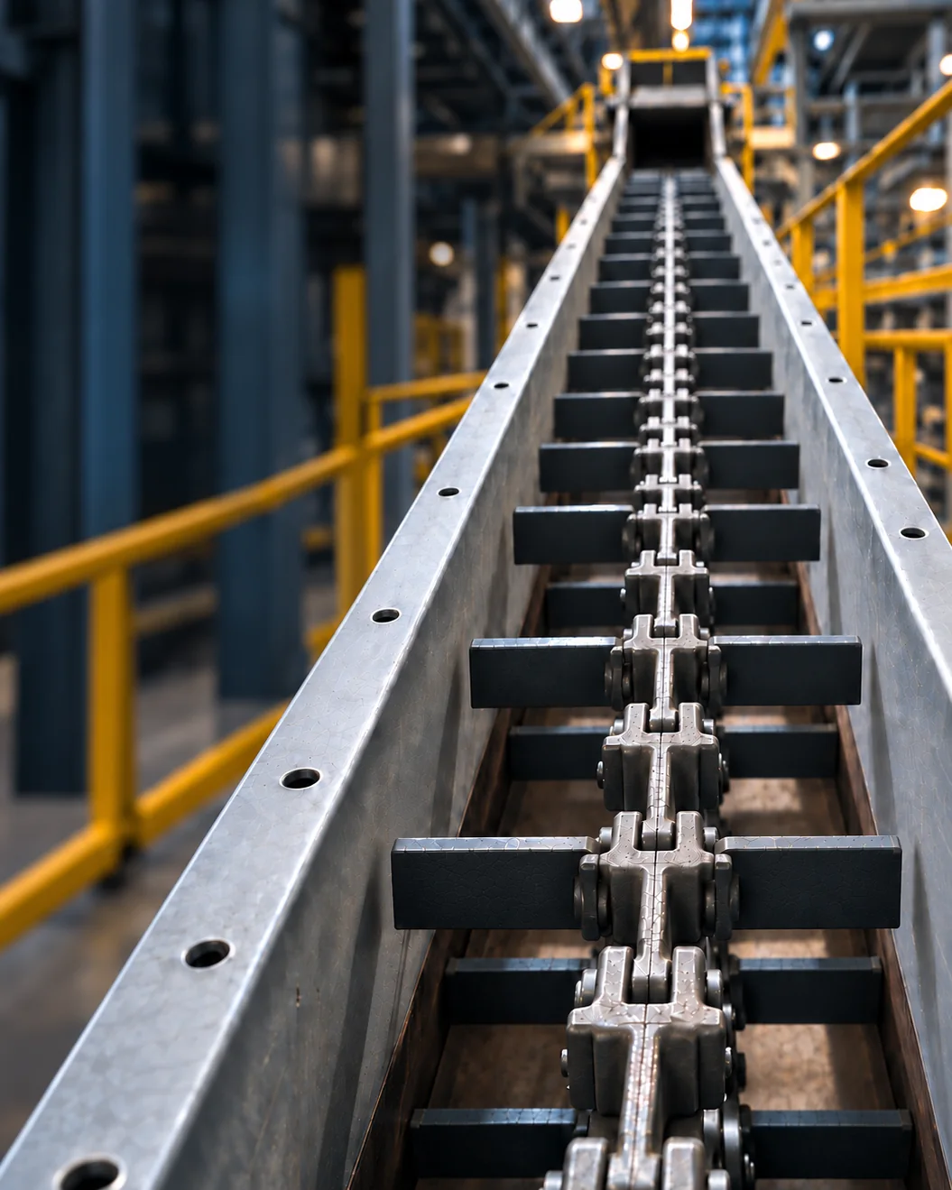 Looking into an open chain conveyor: conveyor chain with flights in the trough section